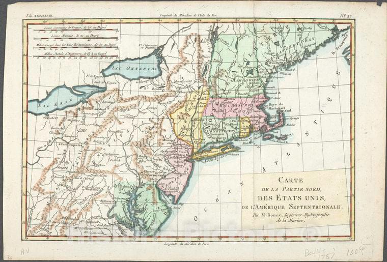 Historic 1780 Map - Carte De La Partie Nord, Des Etats Unis, De L'Amerique Septentrionale. - Northeastern States - Charts And Maps - Vintage Wall Art