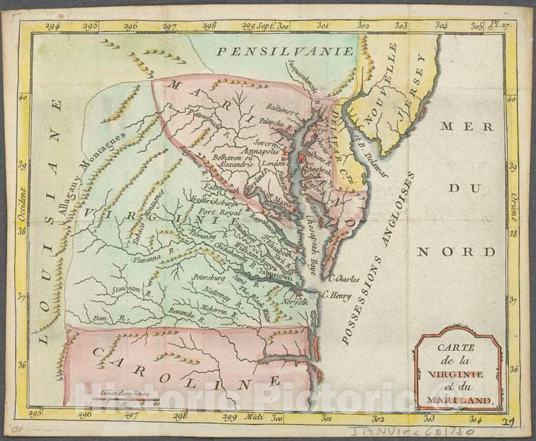 Historic 1730 Map - Carte De La Virginie Et Du Mariland. - Maryland - Virginia - Charts And Maps - Vintage Wall Art