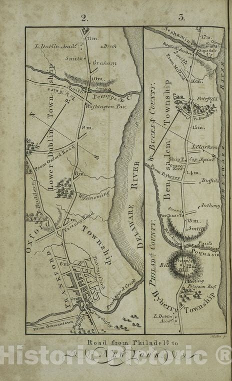Historic 1802 Map - Road From Philadela. To New York Seg. 2-3 - Vintage Wall Art