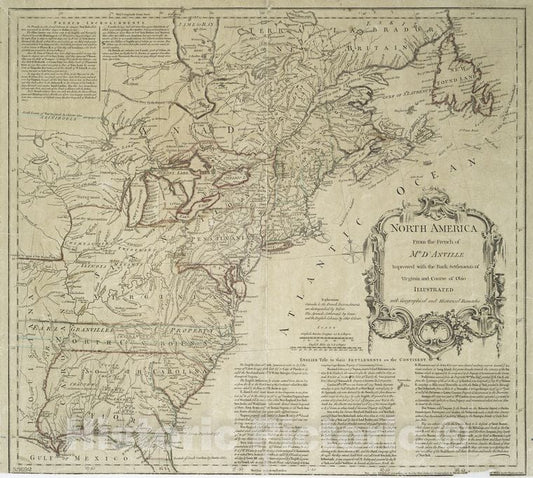 Historic 1755 Map - North America From The French Of Mr. D'Anville : Improved With T - Vintage Wall Art