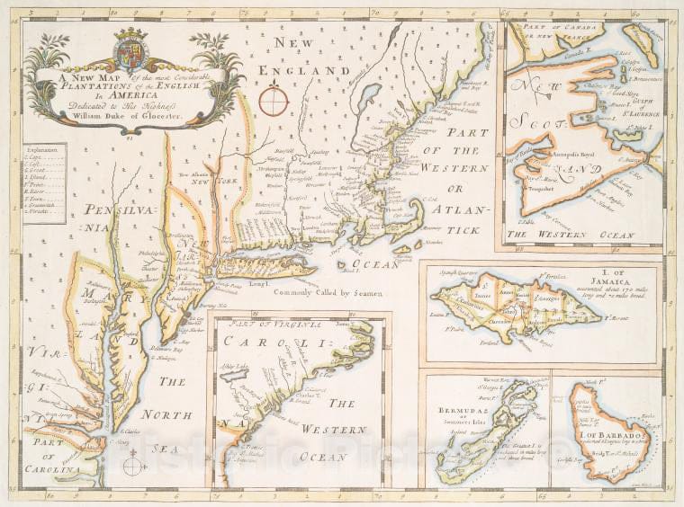 Historic 1700 Map - A New Map Of The Most Considerable Plantations Of The English In - Vintage Wall Art, V3