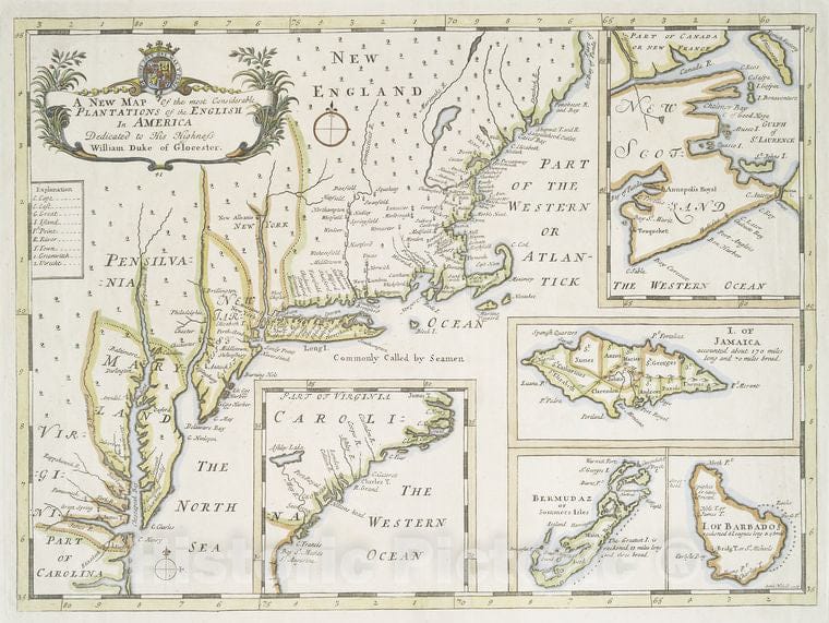 Historic 1719 Map - A New Map Of The Most Considerable Plantations Of The English In - Vintage Wall Art