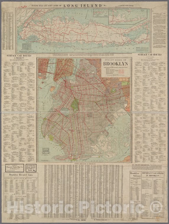 Historic Map - 1920 Brooklyn (New York, N.Y.), Map Of Brooklyn With Street Guide On Border And Verso. Map Of Long Island. - Vintage Wall Art