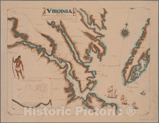 Historic 1955 Map - Virginia, 1602-1622 : Showing The Most Remarqueable Parts Thus Named In The Ancient Records. 1955 - Virginiamaps Of North America. - Virginia - Vintage Wall Art