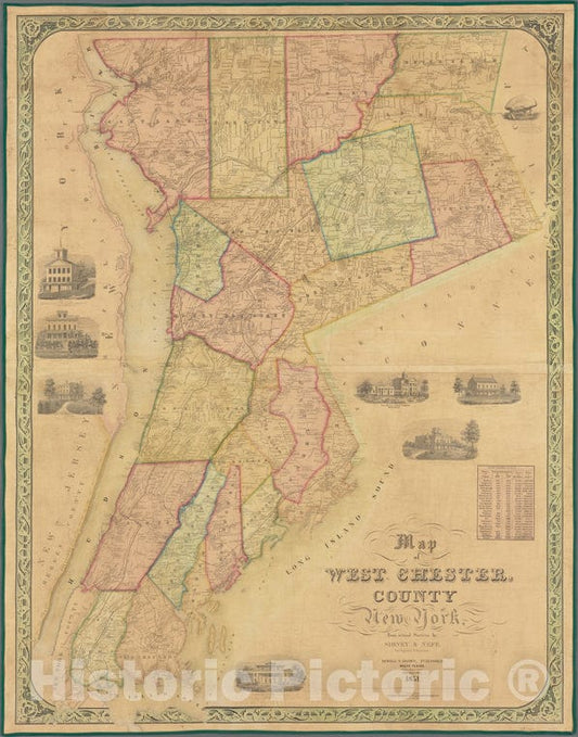 Historic Map - 1851 Map Of West Chester County, New York: From Actual Surveys By Sidney & Neff, Civil Engineers & Surveyors. - Vintage Wall Art