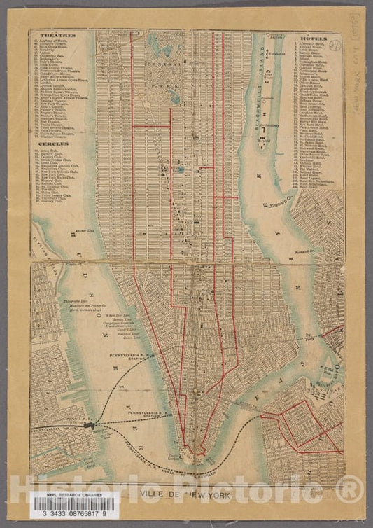 Historic 1894 Map - Ville De New York. - -Maps Of New York City And State - Manhattan - Vintage Wall Art