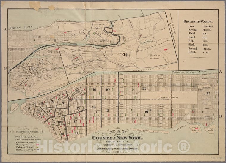 Historic 1883 Map - Map Of The County Of New York : Showing The School Districts And - Vintage Wall Art