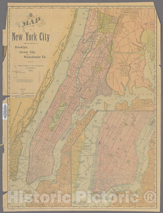 Historic 1893 Map - Map Of New York City Showing Portions Of Brooklyn, Jersey City, Westchester Co.Of New York City And State - Manhattan - Vintage Wall Art