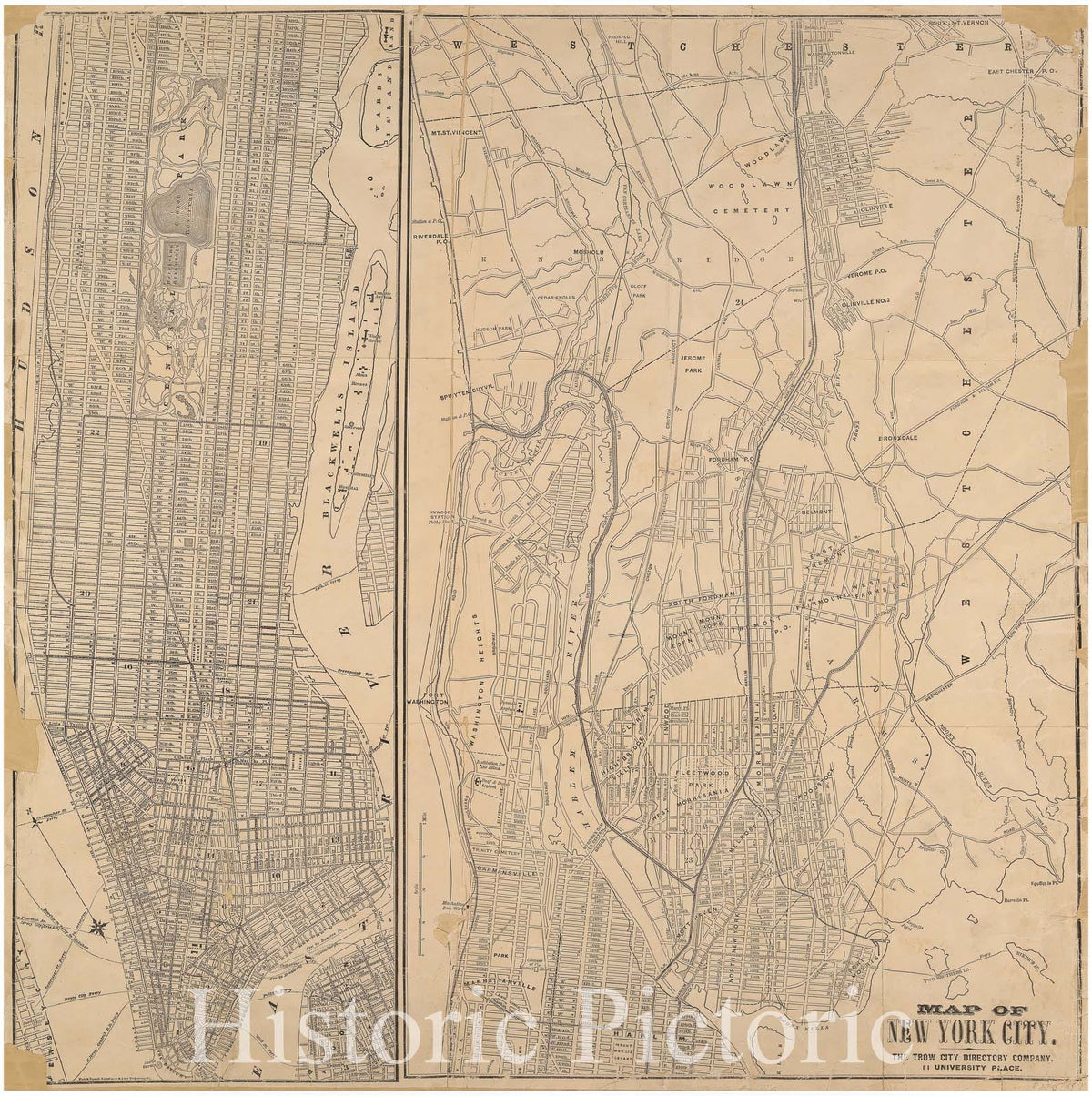 Historic 1895 Map - Map Of New York City. - -Maps Of New York City And State - Manhattan - Vintage Wall Art