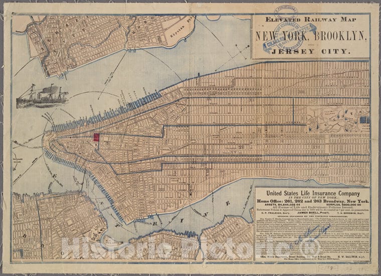 Historic 1880 Map - Elevated Railway Map Of New York, Brooklyn, And Jersey City - Vintage Wall Art