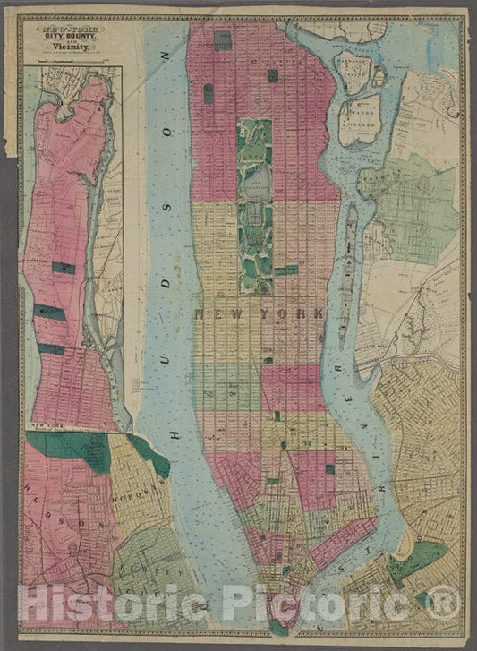 Historic 1864 Map - New York City, County, And Vicinity.Of New York City And State - Manhattan - Vintage Wall Art