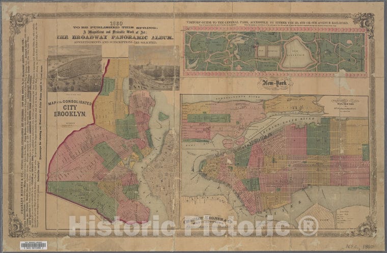 Historic 1860 Map - New-York : Map Of The Consolidated City Brooklyn ; Visitors' Gui - Vintage Wall Art