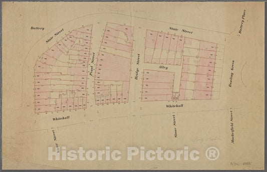 Historic 1865 Map - Part Of 1St Ward. Section Bounded By State Street, Whitehall Street, Bowling Green.Of New York City And State - Manhattan - Vintage Wall Art