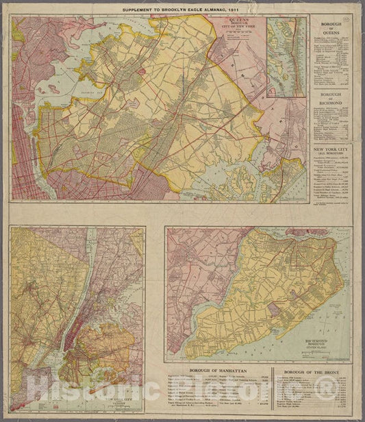 Historic Map - 1911 Manhattan (New York, N.Y.), Queens Borough, City Of New York. New York City And Vicinity. Richmond Borough (Staten Island) - Vintage Wall Art
