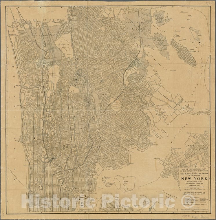 Historic 1907 Map - Map Of The Northern Part Of The Borough Of Manhattan And The Borof New York City And State - Manhattan - Vintage Wall Art