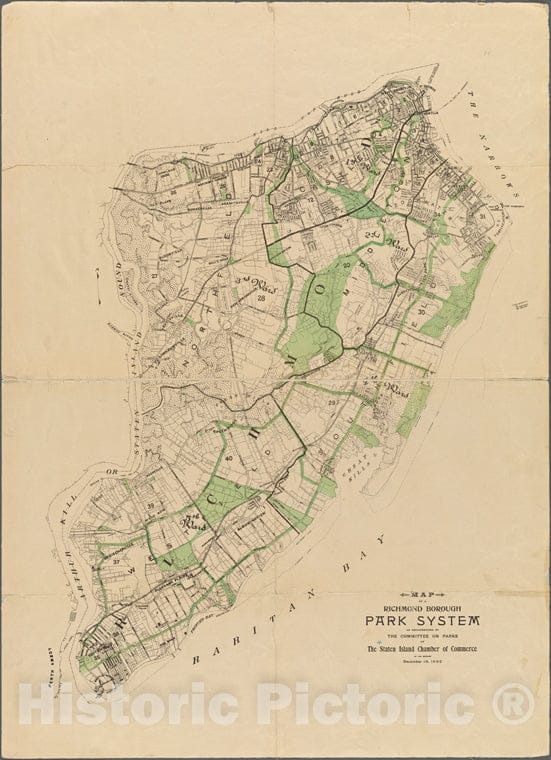 Historic Map - 1902,Aten Island, New York (N.Y.) Of A Richmond Borough Park System As Recommended By The Committee On Parks Of The,Aten Island Chamber Of Commerce. - Vintage Wall Art