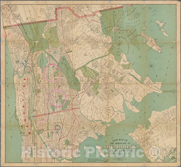 Historic Map - 1900 Bronx, New York (N.Y.), New Map Of The Borough Of The Bronx, City Of New York Circular Stickers Mark Carnegie Library Sites. - Vintage Wall Art