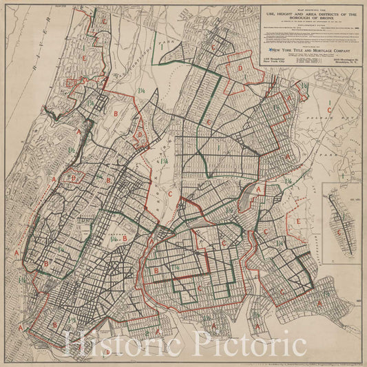 Historic Map - 1916 Bronx, New York (N.Y.), New York Title And Mortgage Co. Map Showing The Use, Height, And Area Districts Of The Borough Of The Bronx. - Vintage Wall Art