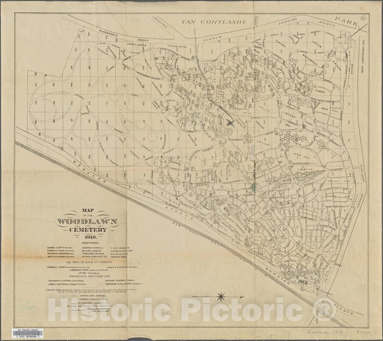 Historic 1918 Map - Map Of The Woodlawn Cemetery.Of New York City And State - Bronx - Vintage Wall Art