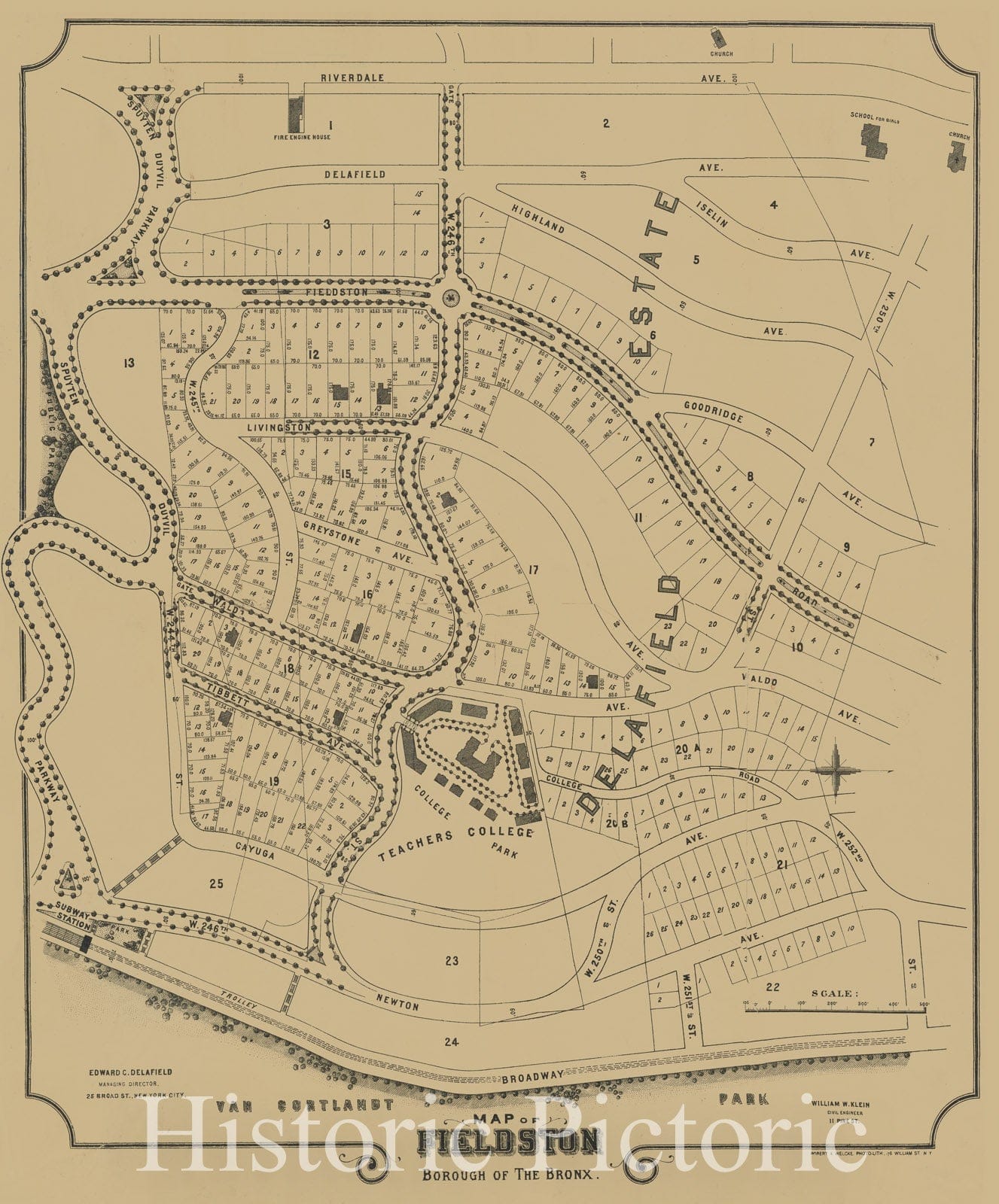 Historic 1912 Map - Map Of Fieldston, Borough Of The Bronx. Delafield Estate, Riverdale-On-Hudson, Upper New York City.Of New York City And State - Bronx - Vintage Wall Art