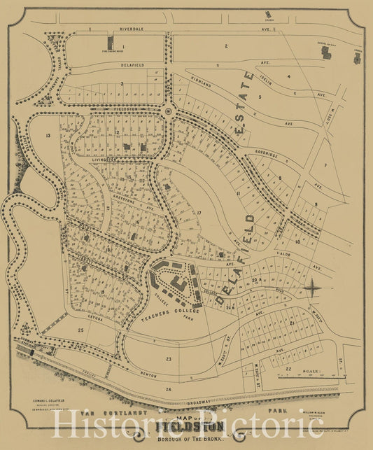 Historic 1912 Map - Map Of Fieldston, Borough Of The Bronx. Delafield Estate, Riverdale-On-Hudson, Upper New York City.Of New York City And State - Bronx - Vintage Wall Art