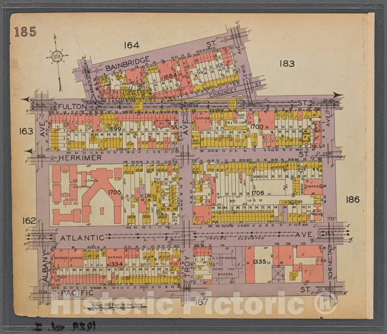 Historic 1929 Map - Map Bounded By Bainbridge St, Schenectady Ave, Pacific St, Albany Ave. Plate 185 - New York (State) - Vintage Wall Art