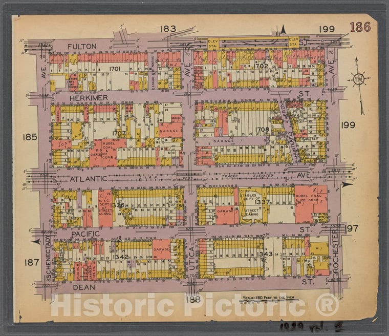 Historic 1929 Map - Map Bounded By Fulton St, Rochester Ave, Dean St, Schenectady Ave. Plate 186 - New York (State) - Vintage Wall Art
