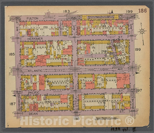 Historic 1929 Map - Map Bounded By Fulton St, Rochester Ave, Dean St, Schenectady Ave. Plate 186 - New York (State) - Vintage Wall Art