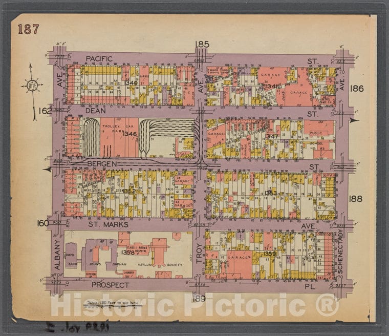 Historic 1929 Map - Map Bounded By Pacific St, Schenectady Ave, Prospect Pl, Albany Ave. Plate 187 - New York (State) - Vintage Wall Art