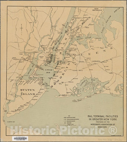 Historic Map - 1918 Rail Terminal Facilities In Greater New York Prepared By The Merchants Association Of New York. - Vintage Wall Art