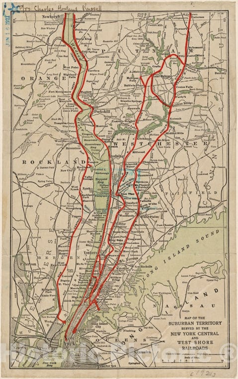Historic Map - 1921 Map Of The Suburban Territory Served By The New York Central And West Shore Railroads. - Vintage Wall Art