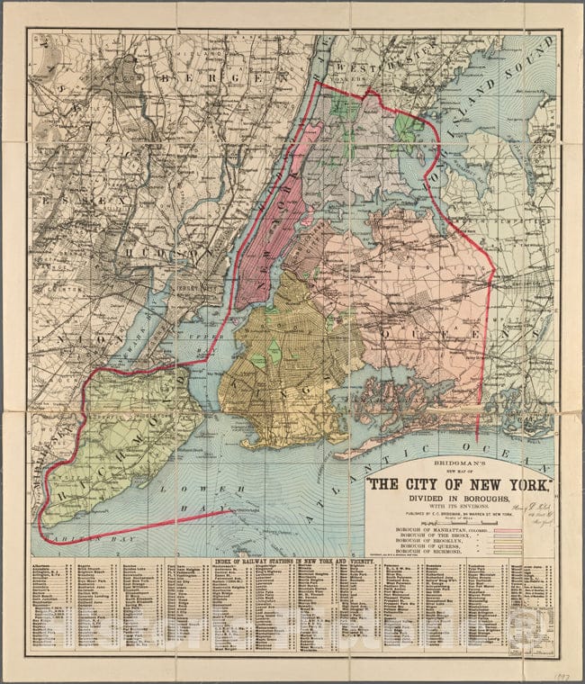 Historic Map - 1897 Bridgman'S New Map Of The City Of New York, Divided Into Boroughs With Its Environs. - Vintage Wall Art