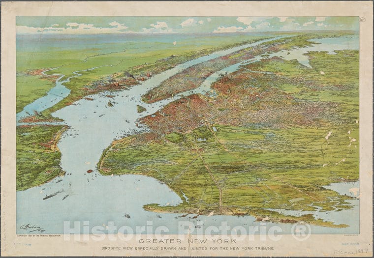 Historic Map - 1897 Greater New York Birdseye View Especially Drawn And Painted For The New York Tribune. - Vintage Wall Art