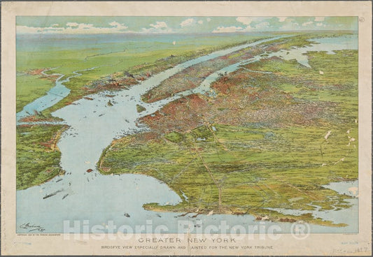 Historic Map - 1897 Greater New York Birdseye View Especially Drawn And Painted For The New York Tribune. - Vintage Wall Art