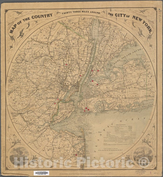 Historic 1890 Map - Map Of The Country Thirty-Three Miles Around The City Of New York.Of New York City And State - New York City & Vicinity - Vintage Wall Art