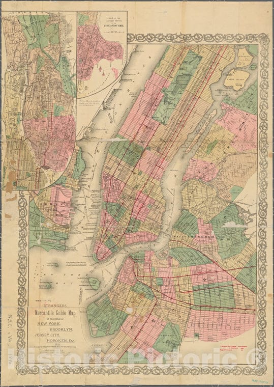 Historic Map - 1890 Strangers Mercantile Guide Map Of The Cities Of New York, Brooklyn, Jersey City, Hoboken, Etc. - Vintage Wall Art