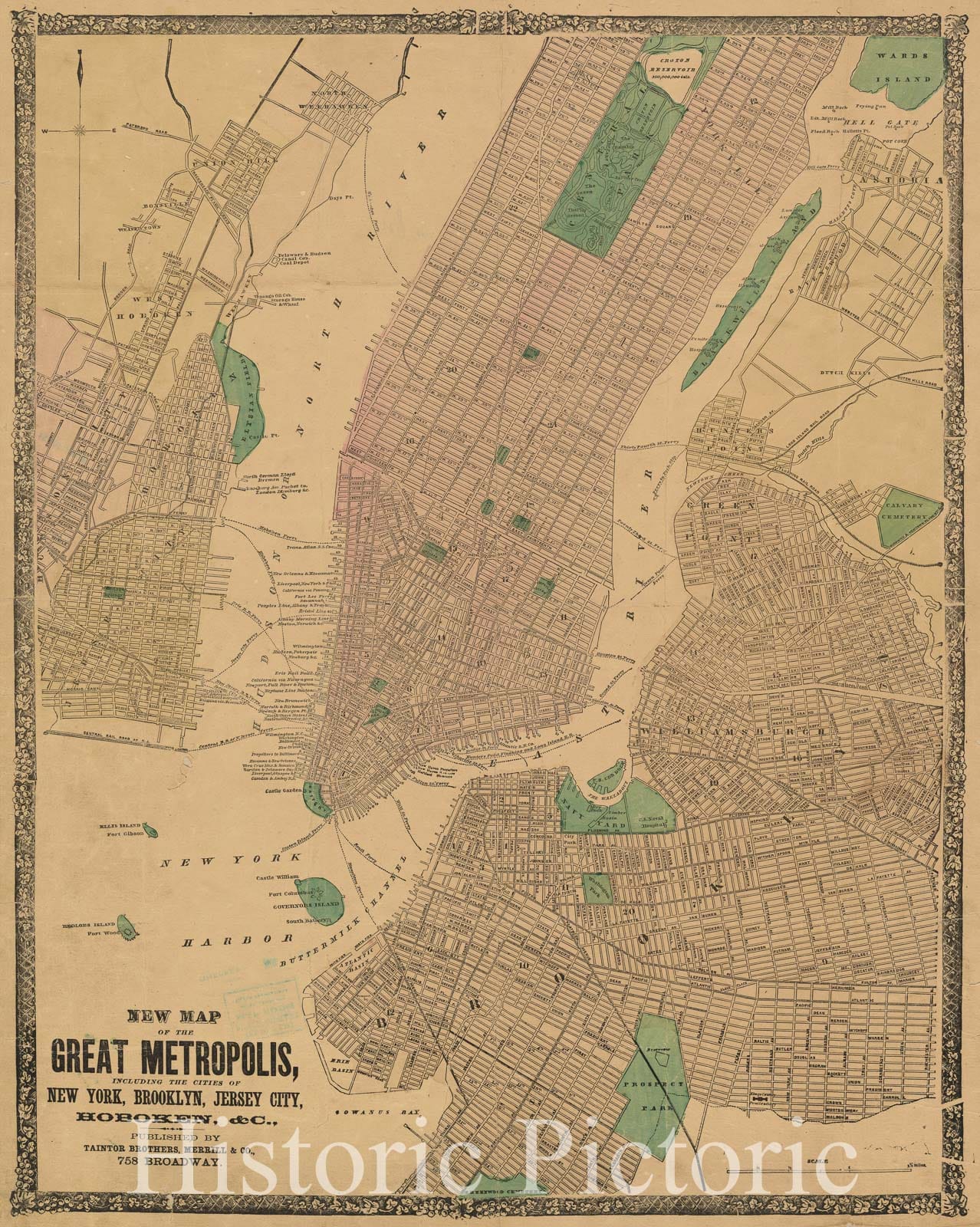 Historic Map - 1860 New Map Of The Great Metropolis, Including The Cities Of New York, Brooklyn, Jersey City, Hoboken, C. - Vintage Wall Art