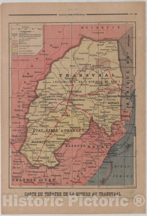 Historic 1899 Map - Carte Du Theatre De La Guerre Au Transvaal - Vintage Wall Art