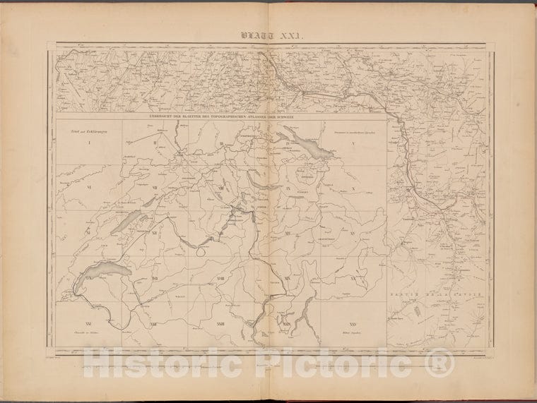 Historic 1848 Map - Blatt Xxi: Ubersicht Der Blaetter Des Topographischen Atlasses Der Schweiz - Switzerland - Topographische Karte Der Schweiz - Vintage Wall Art