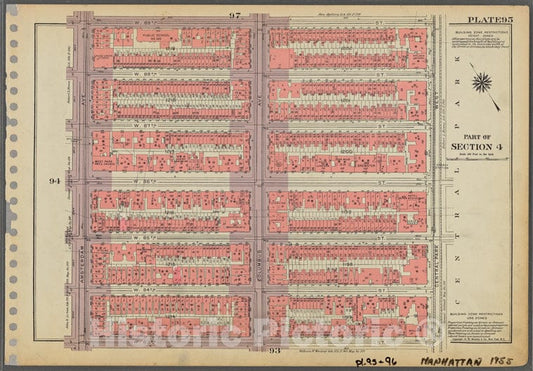 Historic 1955 Map - Plate 95, Part Of Section 4: [Bounded By W. 89Th Street, Central - Vintage Wall Art