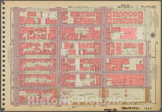 Historic 1955 Map - Plate 105, Part Of Section 5: [Bounded By E. 65Th Street, York A - Vintage Wall Art