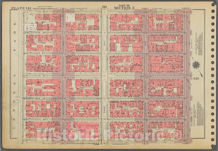 Historic 1955 Map - Plate 114, Part Of Section 5: [Bounded By E. 89Th Street, Third - Vintage Wall Art