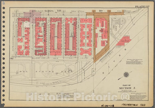 Historic 1955 Map - Plate 117, Part Of Section 5: [Bounded By York Avenue, E. 91St S - Vintage Wall Art