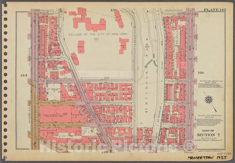 Historic 1955 Map - Plate 145, Part Of Section 7: [Bounded By W. 133Rd Street, Eight - Vintage Wall Art