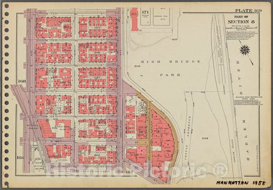 Historic 1955 Map - Plate 169, Part Of Section 8: [Bounded By W. 173Rd Street, (High - Vintage Wall Art