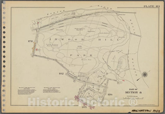Historic 1955 Map - Plate 181, Part Of Section 8: [Inwood Hill Park, Bounded By Huds - Vintage Wall Art