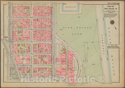 Historic 1925 Map - Plate 169, Part Of Section 8: [Bounded By W. 173Rd Street, (High - Vintage Wall Art