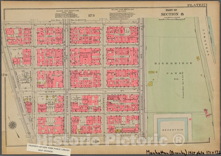 Historic 1925 Map - Plate 171, Part Of Section 8: [Bounded By W. 178Th Street, (High - Vintage Wall Art
