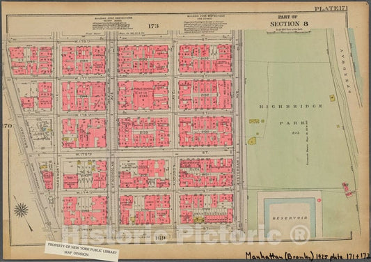 Historic 1925 Map - Plate 171, Part Of Section 8: [Bounded By W. 178Th Street, (High - Vintage Wall Art
