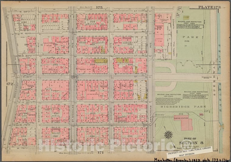 Historic 1925 Map - Plate 173, Part Of Section 8: [Bounded By W. 184Th Street, Laure - Vintage Wall Art